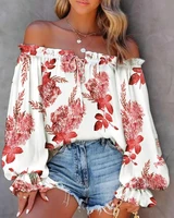 2022 summer women blouse casual sexy plants print off the shoulder lantern sleeve long sleeve tied detail vacation t shirt top