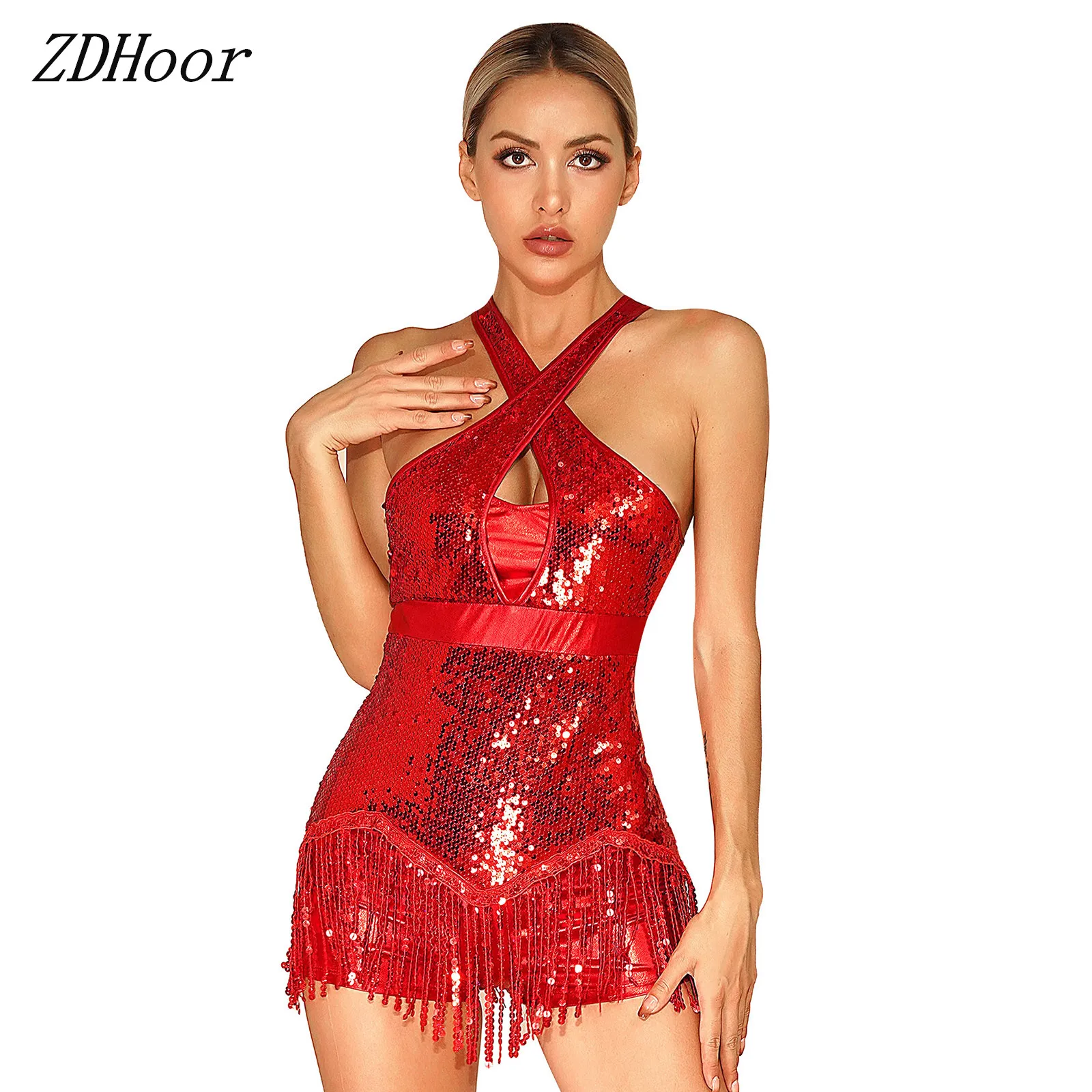 

Glittery Sequins Tassel Dance Bodysuit Leotard Women Latin Cha-Cha Performance Costume Cross Front Fringed Dancewear