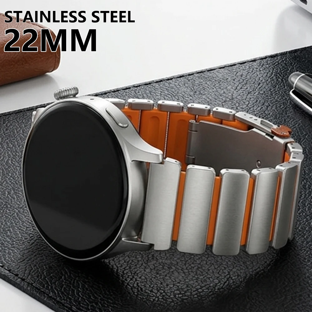Фото Ремешок из нержавеющей стали 22 мм для Huawei Watch 5 4 GT 6 6 Pro GT5 4 3 46 мм, роскошный резиновый ремешок для Oneplus Watch 3 2 2R, мужской браслет №1