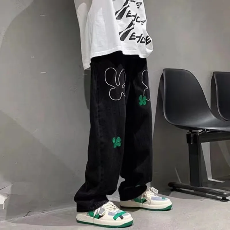 2022 New Fashion Letter Embroidery Baggy Men Wide Jeans Trousers Hip Hop Straight Korean Casual Denim Pants Luxury Moda Hombre