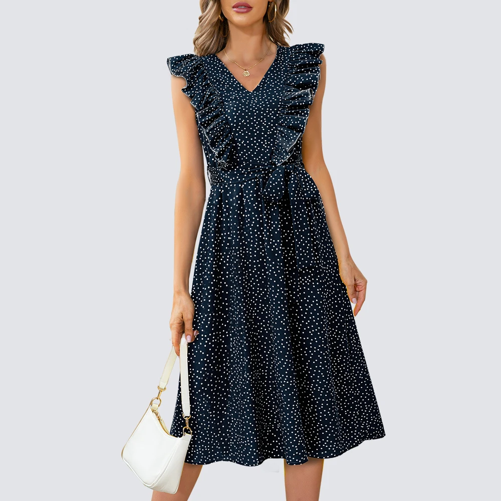 Women Summer Charming V Neck Ruffles Dots Sash Casual Straight Fitted Midi Dress HA299