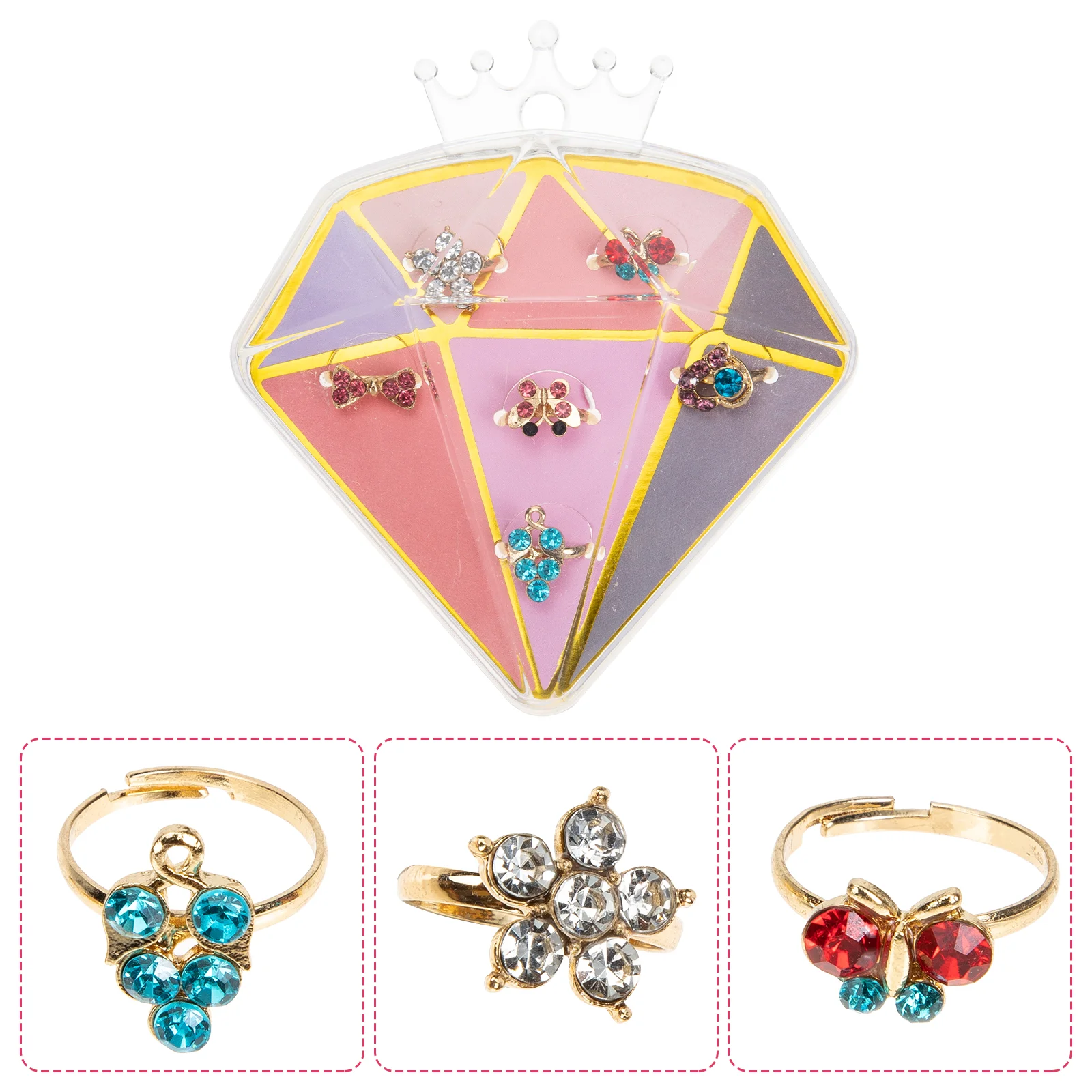 

6pcs Ring Jewelry Adjustable Rhinestone Rings for Kids Finger Jewelry with Box