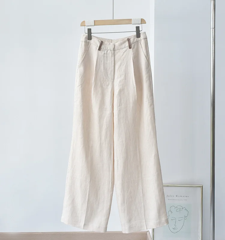 Women's 100% Linen Beading Trousers Loose Zipper Straight Summer 2023 Casual Female Wide Leg Pants