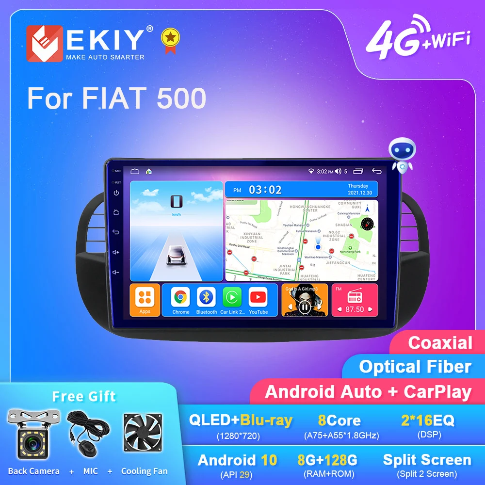

EKIT T7 Android 10 8G 128G GPS Car Radio Multimedia GPS Player 1DIN For FIAT 500 Carplay Auot 4G DSP Cooling Fan SWC Head Unit