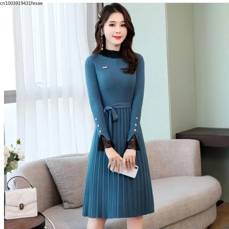 

Элегантное кружевное вязаное платье средней длины в стиле пэчворк зимнее мягкое теплое облегающее платье-свитер женские шикарные эластичные платья