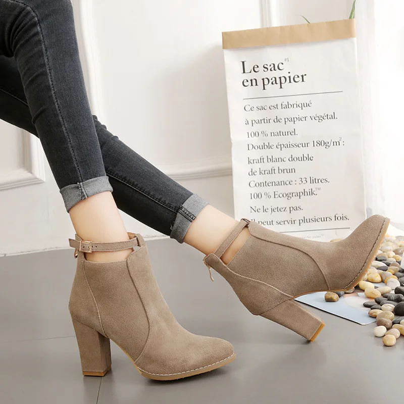 

2023 Plus Size 42 43 Women Boots Flock Zipper Pointed Toe Autumn Winter Ankle Thick High Heels Ladies Shoes Womans Pumps Booties