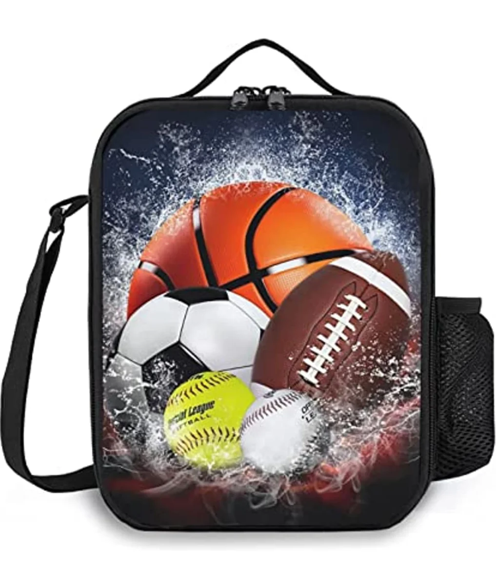 

Insulated Lunch Bag for Boys Girl Reusable Sports Lunch Box for School Work Picnic Office Waterproof Tote Bag Shoulder Strap