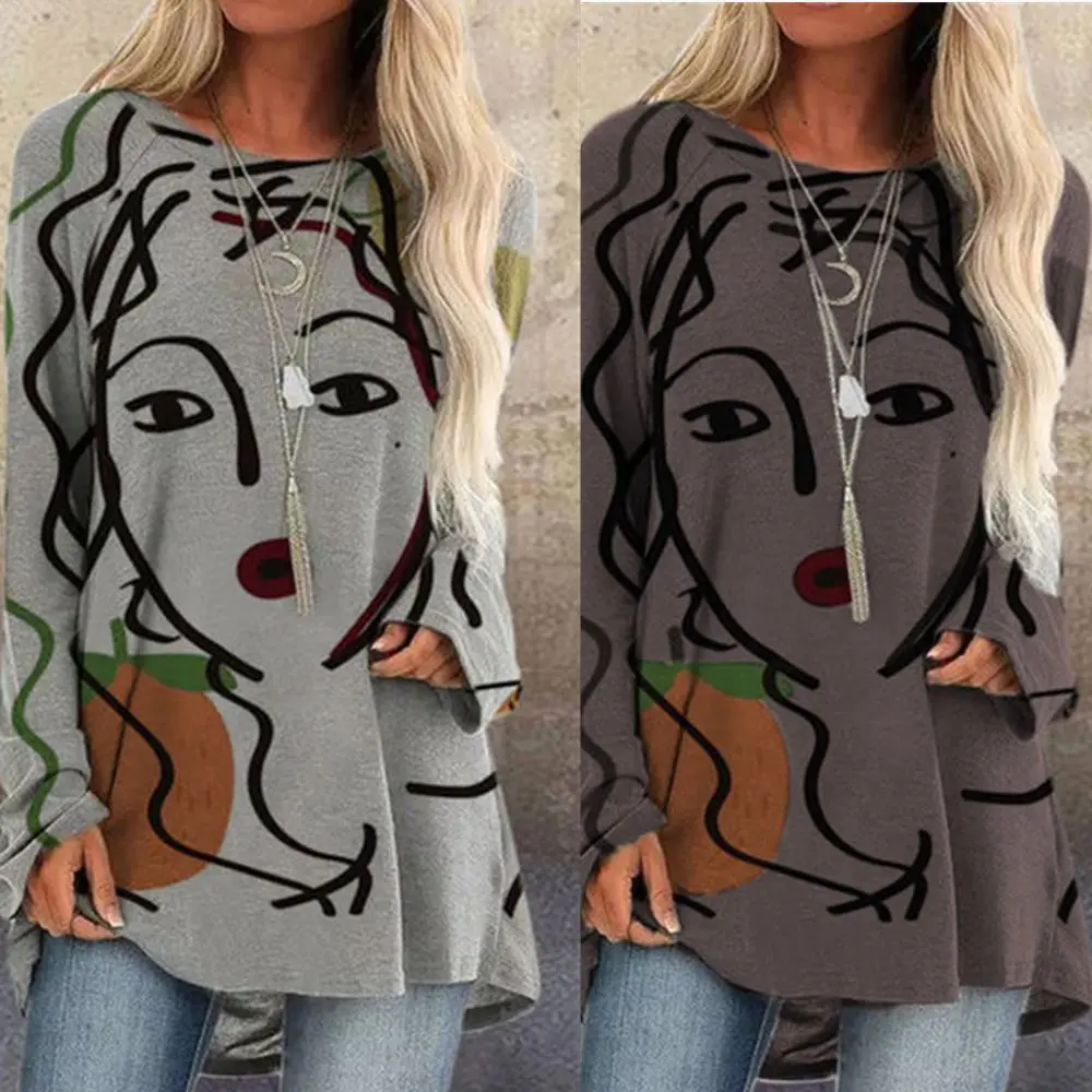 

2022 Fall Women's Abstract Face Print Loose Plus Size Long Sleeve T-Shirt
