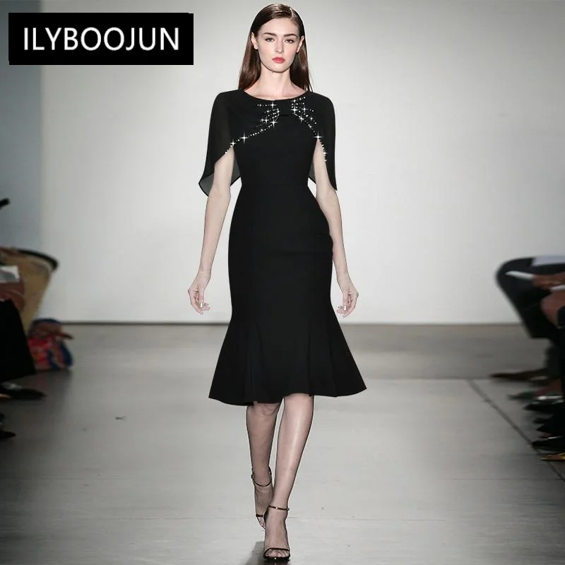 

Fashion Designer Summer Slim Mermaid Dress Women Butterfly Sleeve Beading Black Lady Party Elegant Midi Dress