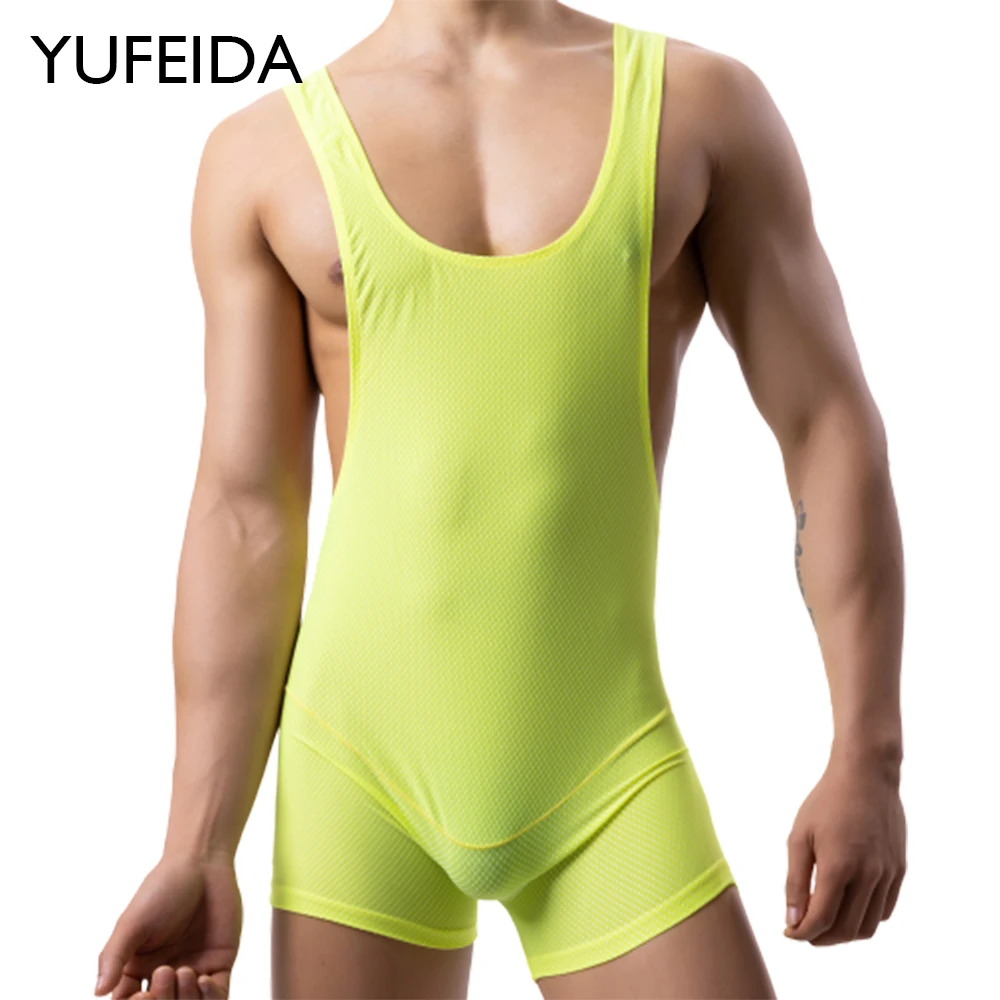 YUFEIDA Men Undershirts Leotard Sports Workout Bodysuit Shapewear Male Wrestling Singlet Fitness Jockstrap Mesh Romper Underwear