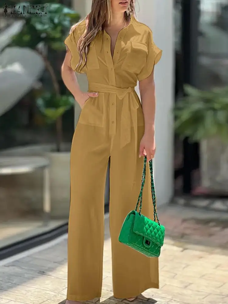 

Women Summer Short Sleeve Jumpsuits ZANZEA Fashio OL Overalls Caual Solid Lapel Neck Button Rompers Loose Belted Playsuit Outfit