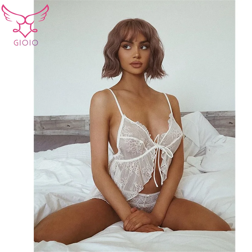 

GIOIO New Mesh Lace Perspective Bandage Lingerie Set Women Stripper Clothes Sexy Cosplay Lingerie Erotic Micro Bikini Nightwear