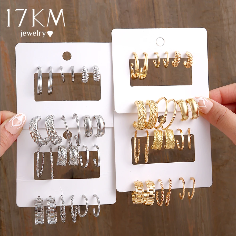 

17KM Fashion Silver Gold Color Hoop Earrings Set for Women Girls Simple Circle Dangle Earring Jewelry 2023 New Trendy Gifts
