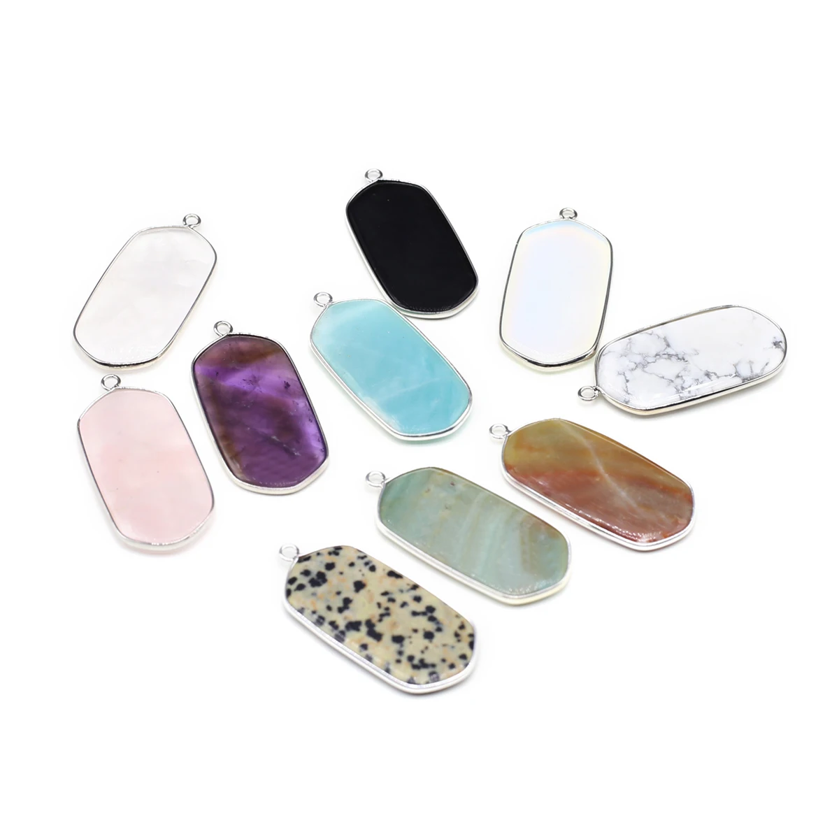 

Natural Stone Turquoise Obsidian Opal Long Hexagonal Silvery Edge Pendant Jewelry Making DIY Necklace Accessories Gift 22x43mm