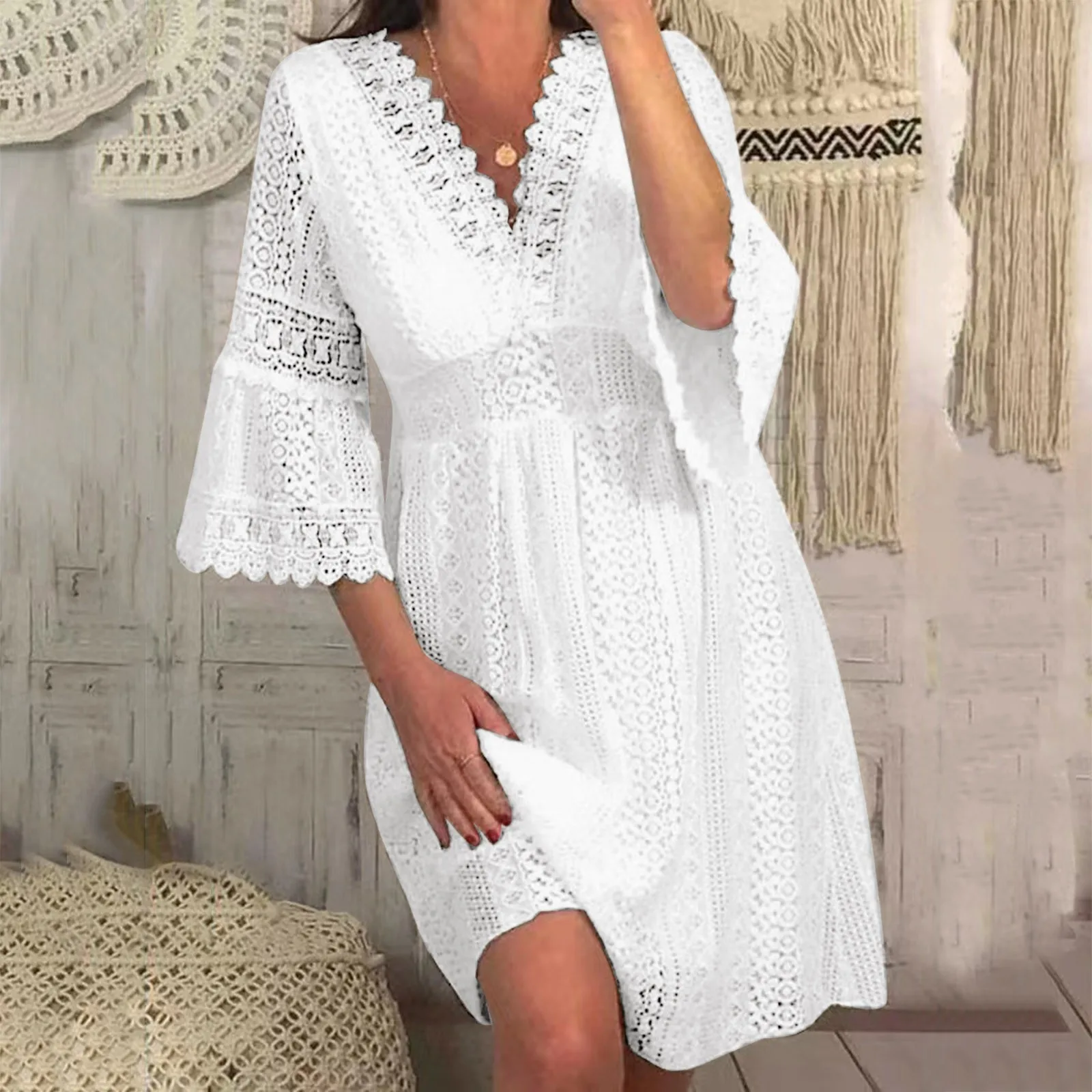 

Women's Lace V Neck Hollow Lace Trumpet Sleeve Dress Plus Size White Dress Women Retro Casual Beach Dress Casual Loose Dress