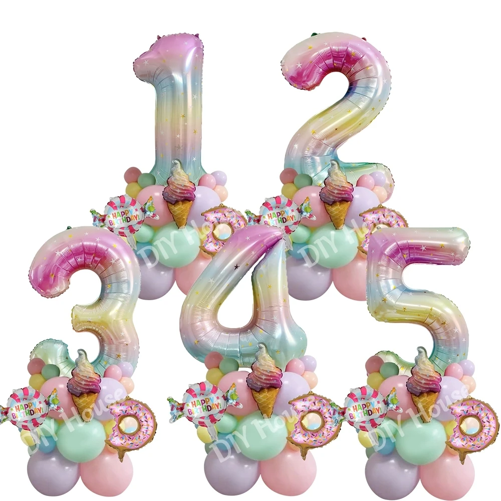 

28pcs Donut Ice Cream Balloon Tower with Star Rainbow Number Balloon for Girl's Donut Happy Birthday Party Decorations DIY Craft
