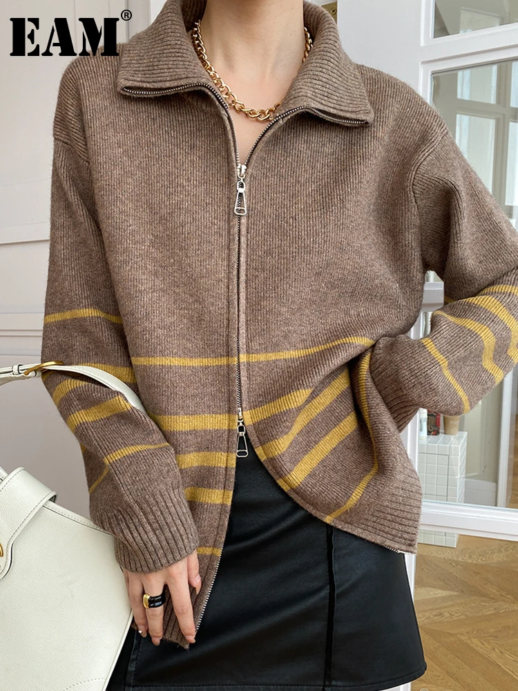 

[EAM] черный полосатый вязаный кардиган на молнии большого размера, свитер с отворотом и длинным рукавом для женщин, новая мода осень-зима 2023 1DH0918