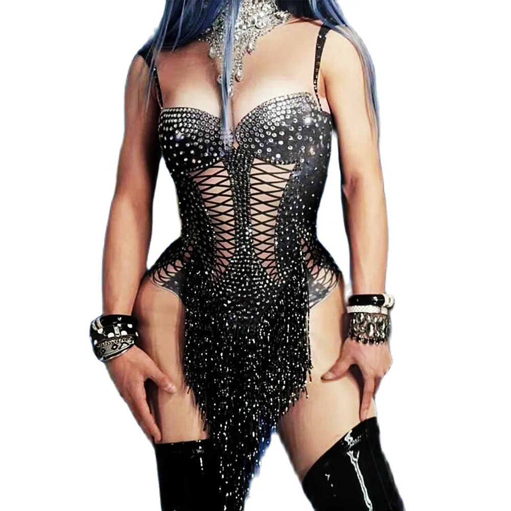 

Bling Rhinestones DJ Jazz Dance Costume Sparkly Crystals Black Fringes Bodysuit Women Stage Performance Nightclub Show Outfit