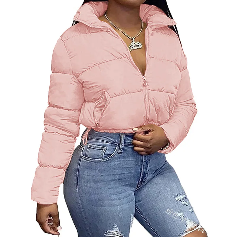 

Women's Stand Collar Solid Color Long Sleeve Cotton Coat Fashion Drawstring Slim-Fitting Patchwork Zipper Short Jacket Parka