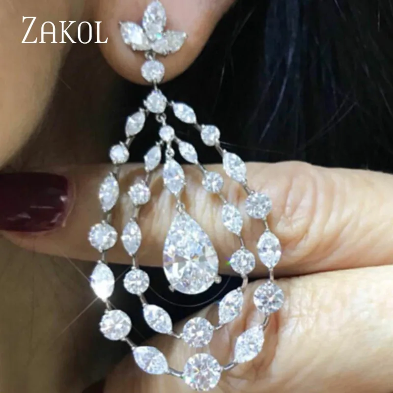 

ZAKOL Роскошные геометрические длинные висячие серьги с фианитами для элегантных женщин, модные свадебные ювелирные изделия с каплями воды ...