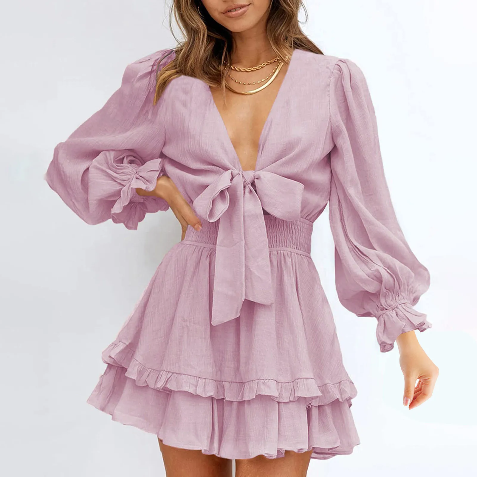 

Модное сексуальное мини-платье с глубоким V-образным вырезом для женщин, Бандажное платье с оборками и бантом, однотонное платье-трапеция с ...