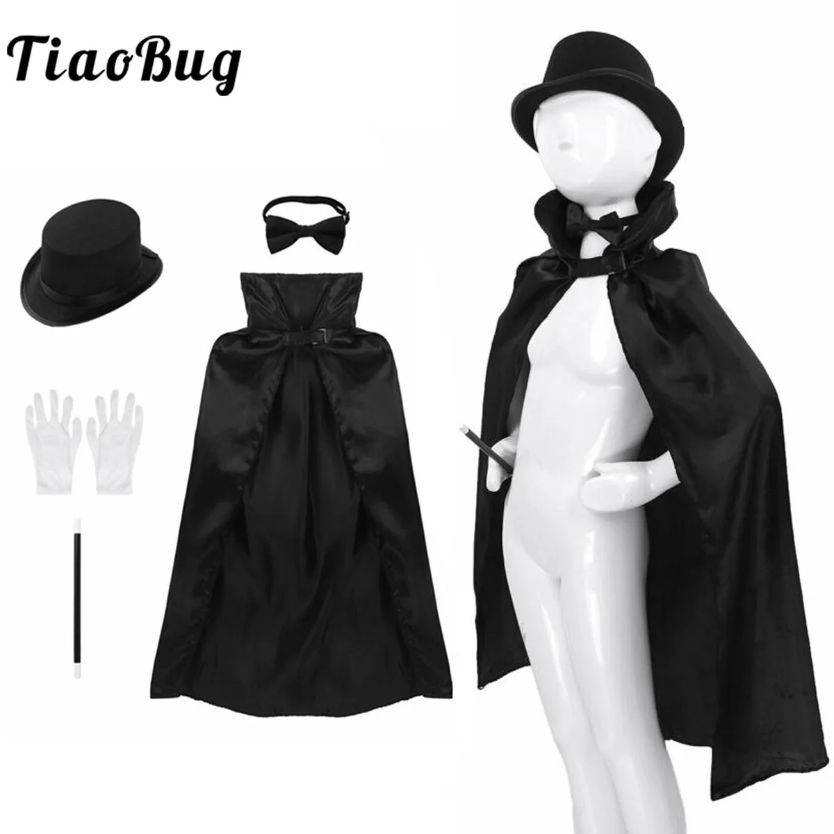 Kids Magician Role Play Costumes Outfit Boys Girls Halloween Magician Dress Up Cosplay Set  Top Hat Magic Cape Wand Gloves Kit