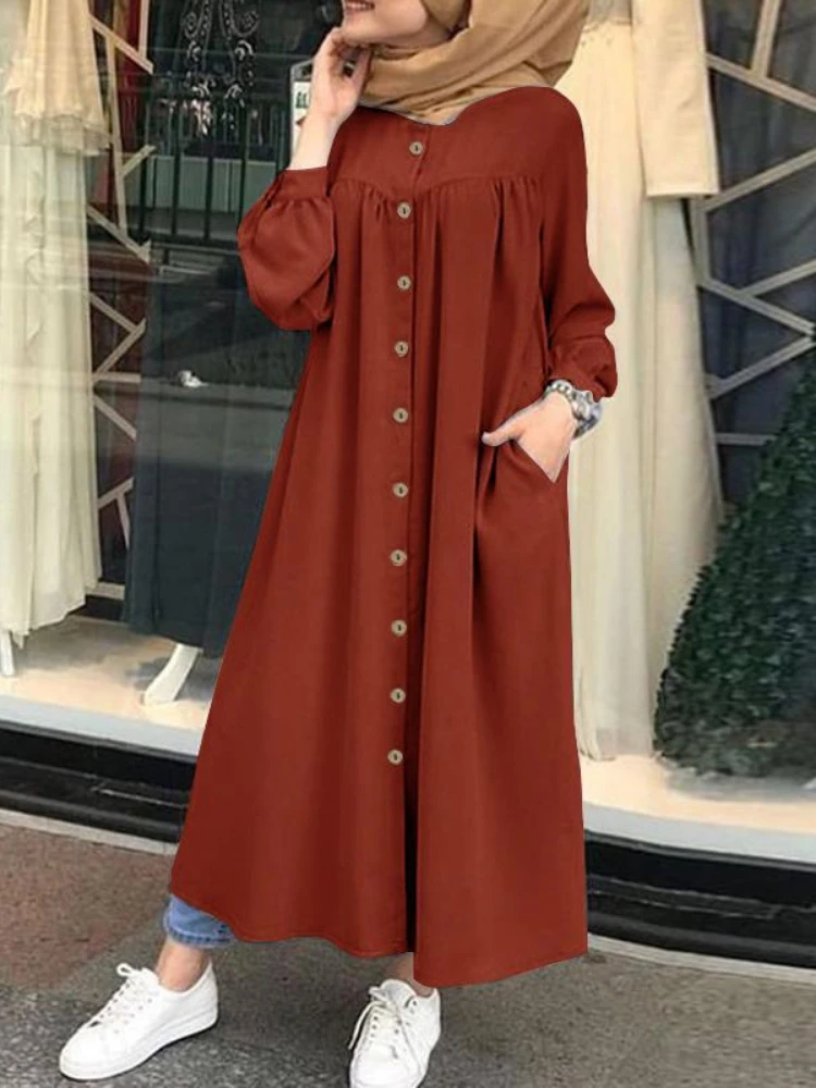 

S-5XL Muslim Dress Women Hijab Shirt Dress Long Sleeve Maxi Vestidos Female Button Robe Femme Musulman High Wasit Solid Sundress