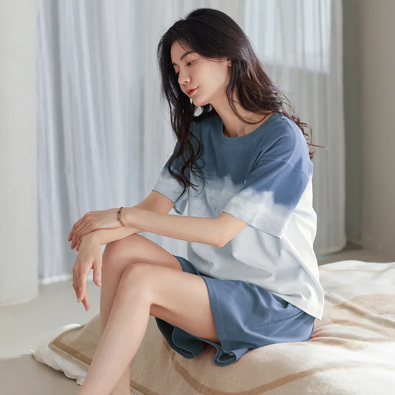 2023 New Gradient Color Cotton Women's Homewear Pajamas Nightgown Short Sleeves & Pants Sleepwear Sets Loose Comfortable Suit