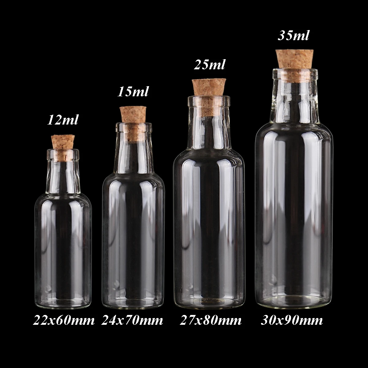 24pcs 12ml 15ml 25ml 35ml Small Glass Bottles with Cork Stopper Empty Spice Wish Bottles Jars Gift Crafts Vials