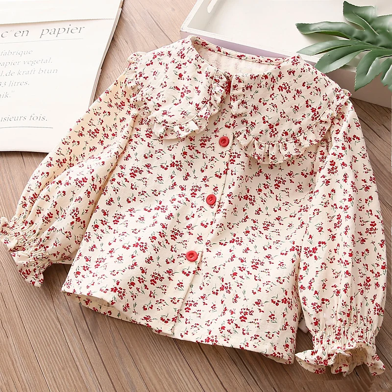 2022 New Spring Autumn 2 3 4 6 8 12 Years Children Sweet Floral Long Sleeve Tops Kids Baby Girls Peterpan Collar Blouse Shirt