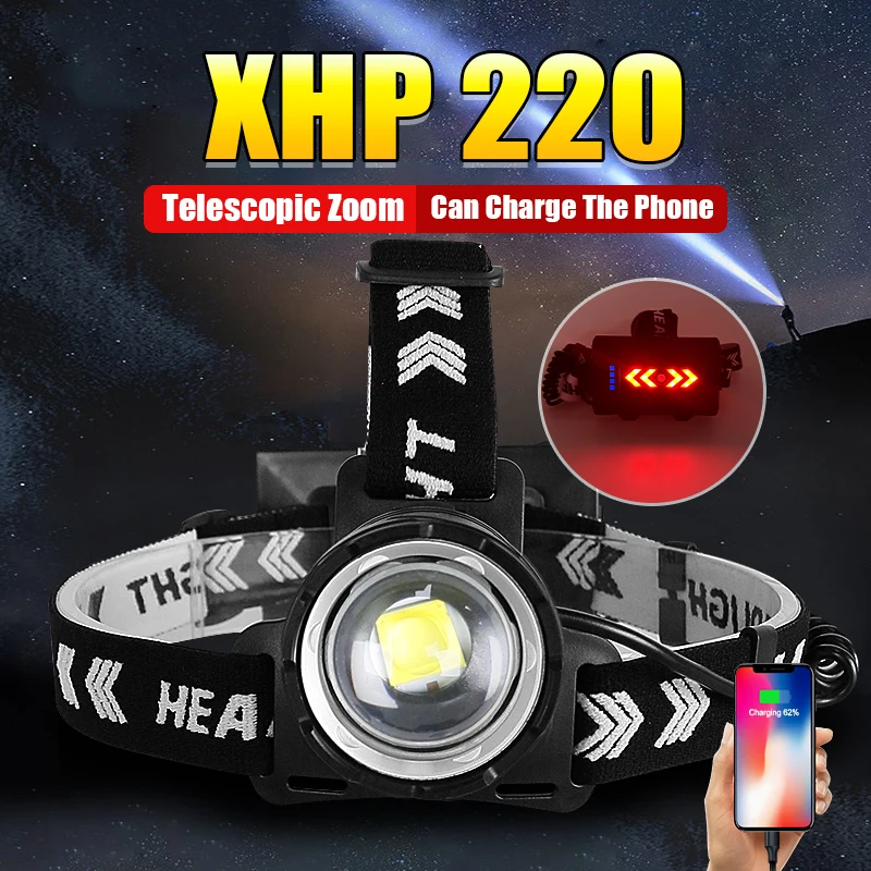 

XHP220 LED Outdoor Headlamp Rechargeable Powerful Head Flashlight Long Shot Camping Fishing Headlight Zoomable Head Lantern Lamp