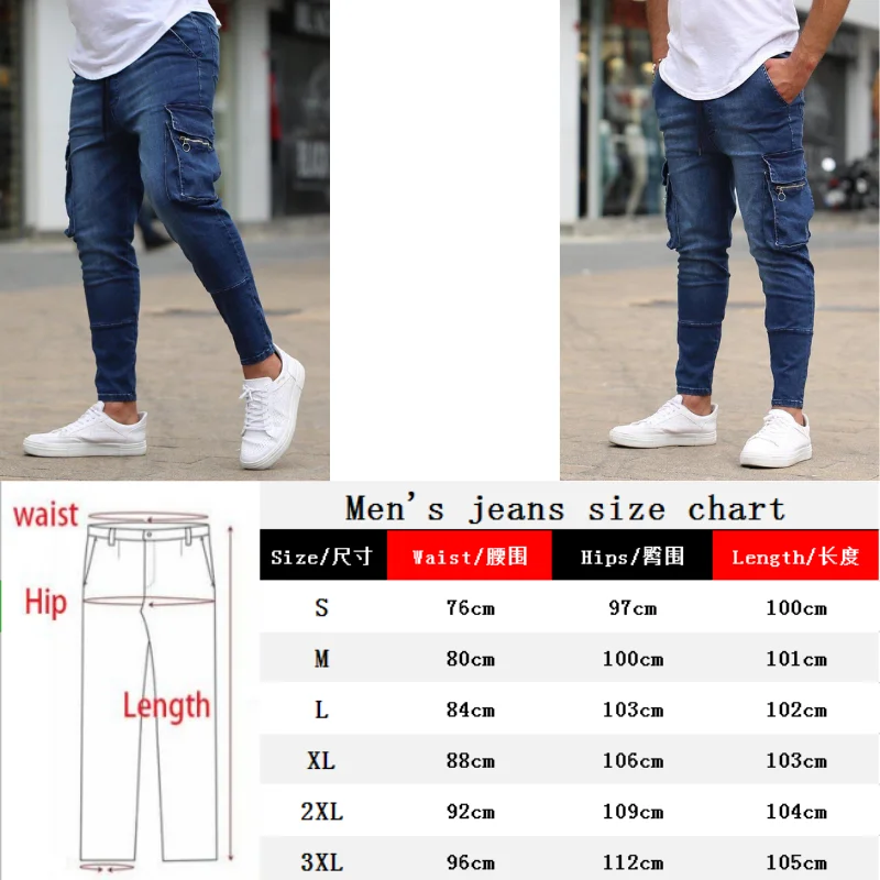 2022 New Street Cargo jeans Men pants Casual Cotton Denim Trousers Wear Side Multi pockets Black men skinny jeans