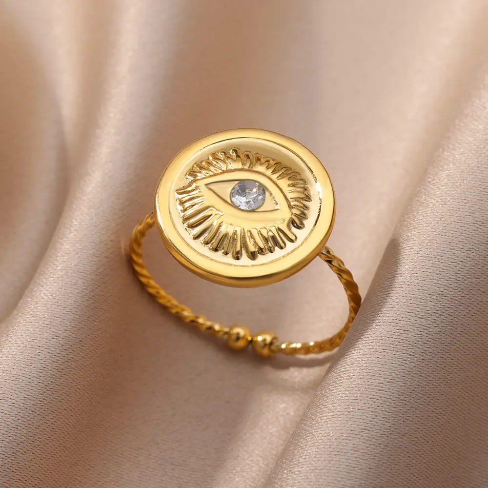 

Vintage Zircon Round Evil Eye Ring For Women Stainless Steel Gold Color Adjustable Evil Eye Turkish Lucky Aesthetic Jewelry Gift