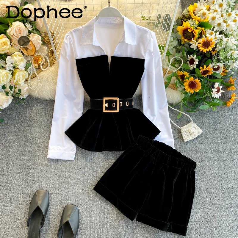 

2022 Spring Autumn Long Sleeve Patchwork Velvet Size Small Tops With Belt High Waist Shorts Two Piece Set Women