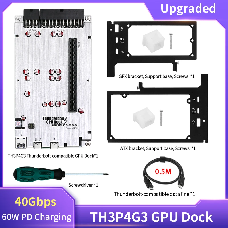 [해외] 선더볼트 호환 GPU 도크  TH3P4G3미니 그래픽 카드  USB3.0 확장 PCI-E X16 인터페이스  60W PD 충전 브래킷 포함