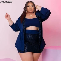 hljgg sequins sexy womens 3 pieces set bling bralong sleeve coatmini shorts outfits fashion nightclub plus size clothing 5xl