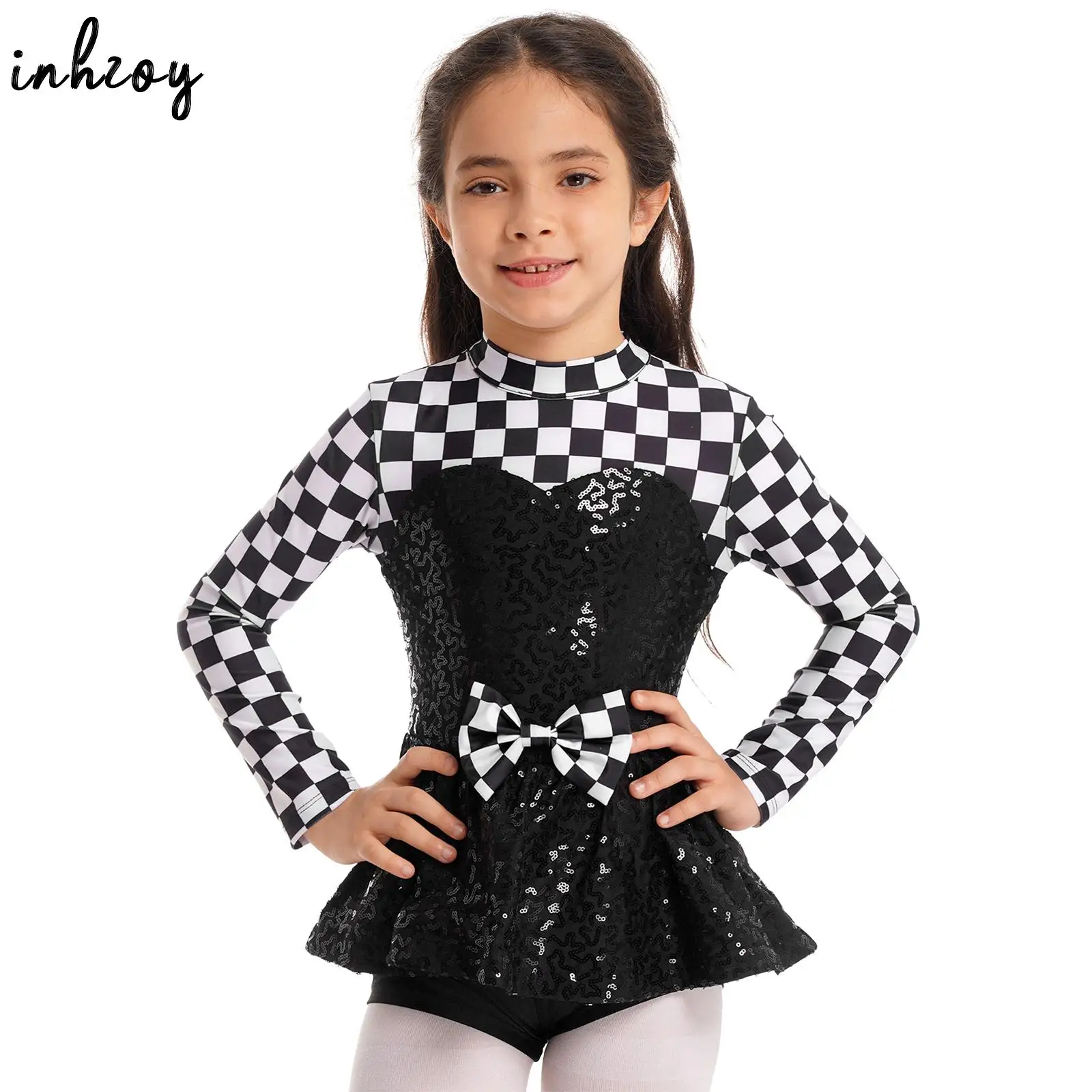 

Kids Race Car Driver Costumes Girls Halloween Cosplay Racer Jumpsuit Checkered Gymnastics Leotard Latin Ballet Dance Tutu Dress