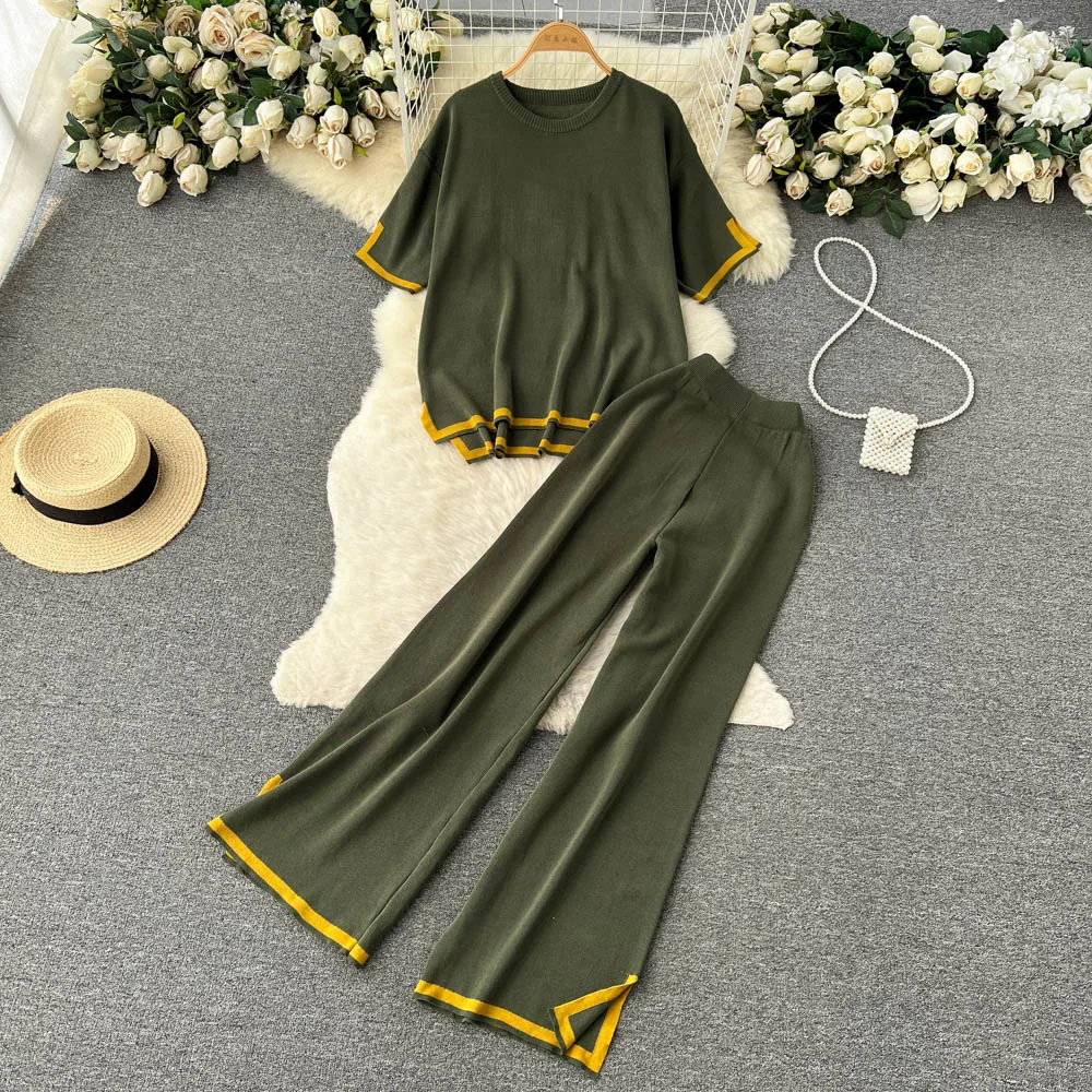

Contrast Color Casual Fashion Sports Set Summer Loose T-shirt Split Wide Leg Pants Two Piece Set