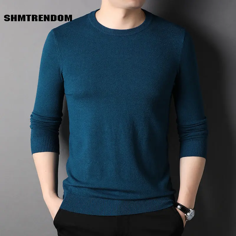 

SHMTRENDOM Spring Autumn Wool Men's Sweaters Luxury Round Collar Long Sleeve Knitted Male Sweaters Simple Pullover Man Sweaters