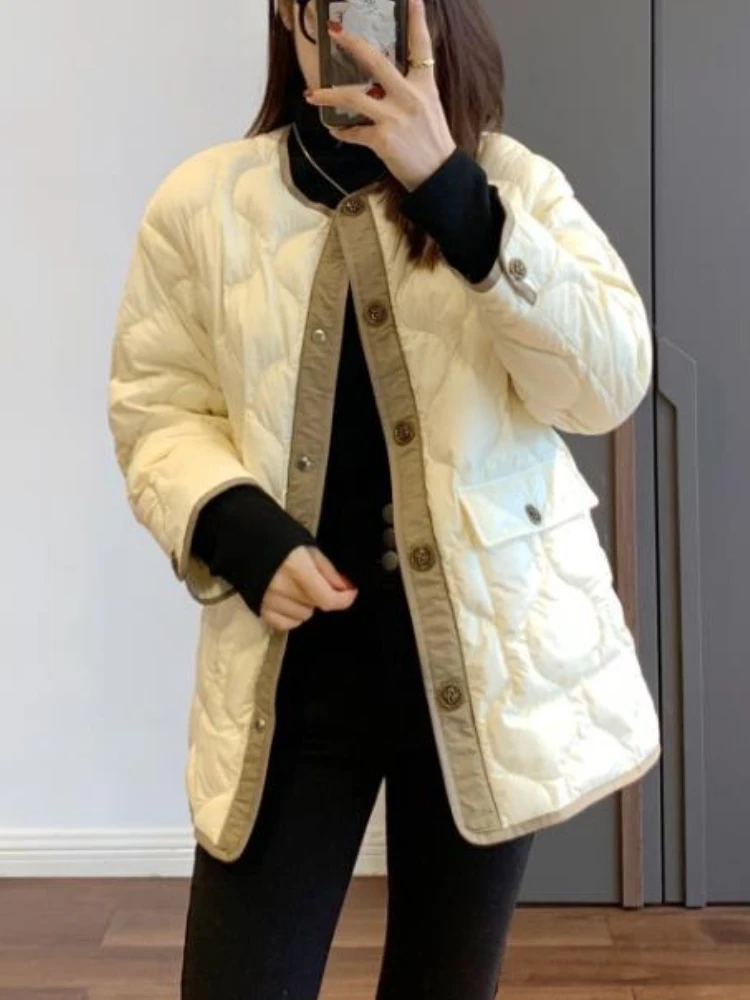

Winter Jacket Women 2023 New Fashion Korean Women Clothing Round Neck Loose Warm Plaid Coats Tops Vintage Jacket Streetwear Coat