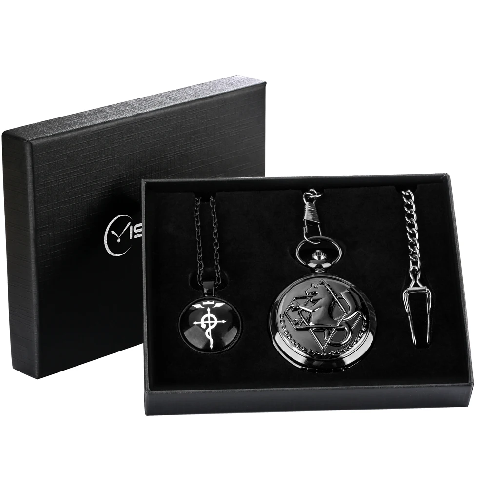 Fullmetal Alchemist Series Quartz Pocket Watch Gift Sets for Anime Men Boy Birthday Present Box Necklace Pendant Antique Clock