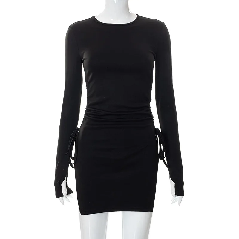 

Готическое облегающее женское мини-платье на шнуровке Y2k, черное пикантное платье в стиле панк с разрезом и длинным рукавом, базовая одежда для вечеринок