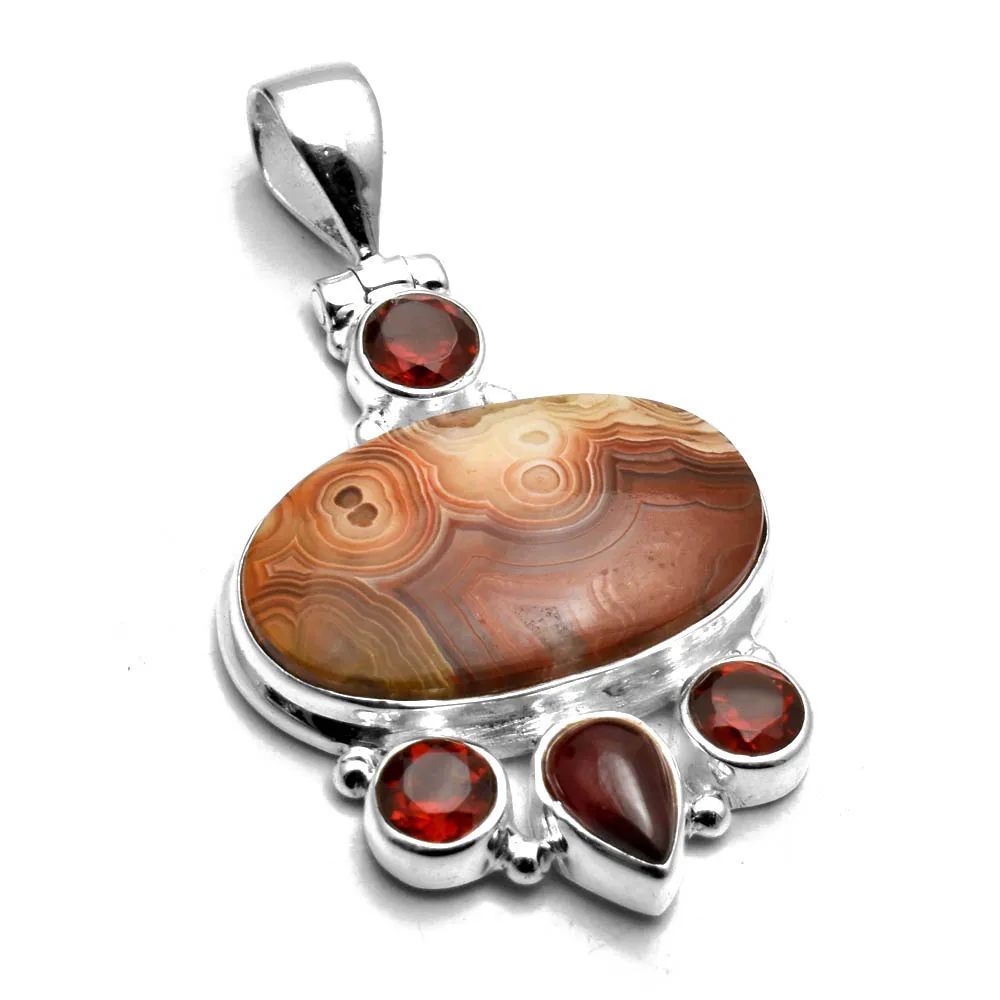 

Genuine Mexican Laguna Lace Agate + Garnet Pendant 925 Sterling Silver, Women Hand Made Fine Jewelry Gift 42 mm, AP8477