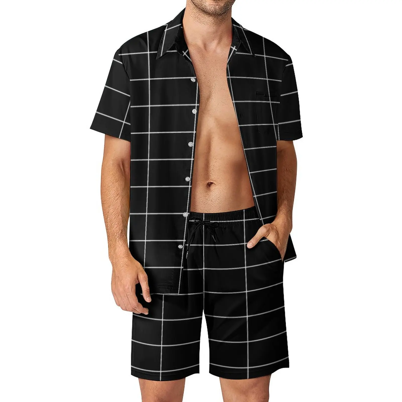 

Vintage Nordic Lines Fitness Outdoor Men Sets Long Grid Black Casual Shirt Set Summer Graphic Shorts Two-piece Hawaiian Suit