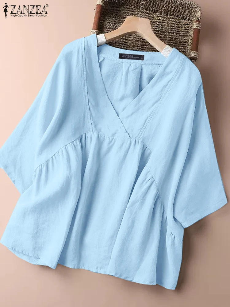 

ZANZEA Women Half Sleeve Blouse 2023 Summer Cotton Linen Tops Casual Loose Solid Baggy Shirts Fashion Holiday V-neck Tunic Blusa