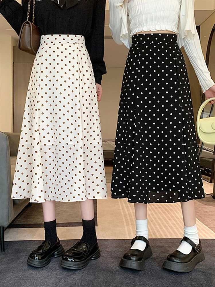 

2022 Summer Polka Dot Skirt Female Fashion Korean Vintage High Waist Apricot Skirts Black Swing Midi Skirt Women Mujer Faldas