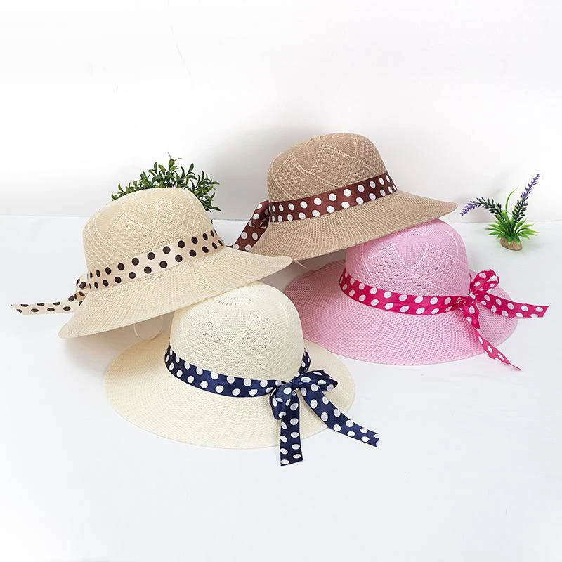 

58-60cm Summer Wide Brim Sun Hat Straw Beach Hats Women Bow Ribbon Sun Protection Hat Ladies Foldable Beach Sun Cap