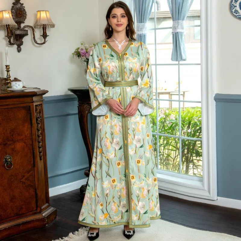 Jalabiyas Ramadan 2023 Kuwaiti Elegant Casual Ladies Dresses V-Neck Lace Tape Belted Kaftan French Retro Floral Print Maxi Dress