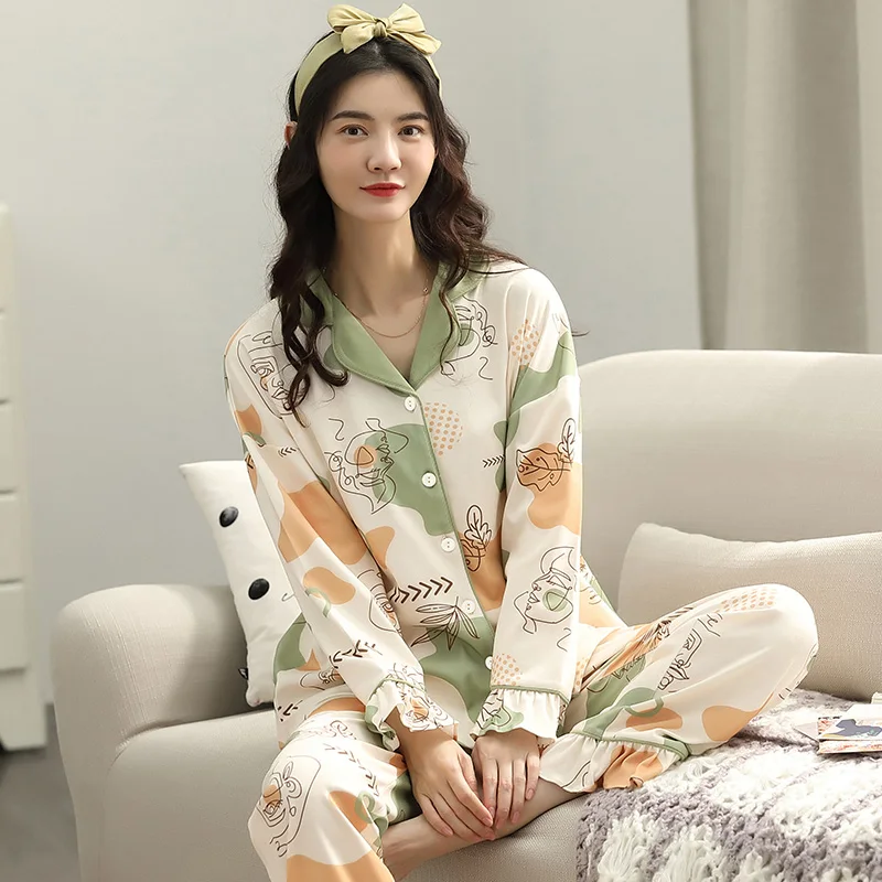

Winter 2021 New 100% Cotton Cardigan Blouse Pajamas Set For Women Long Sleeve Sleepwear Warm And Soft Fashion AntiqueWhite Print