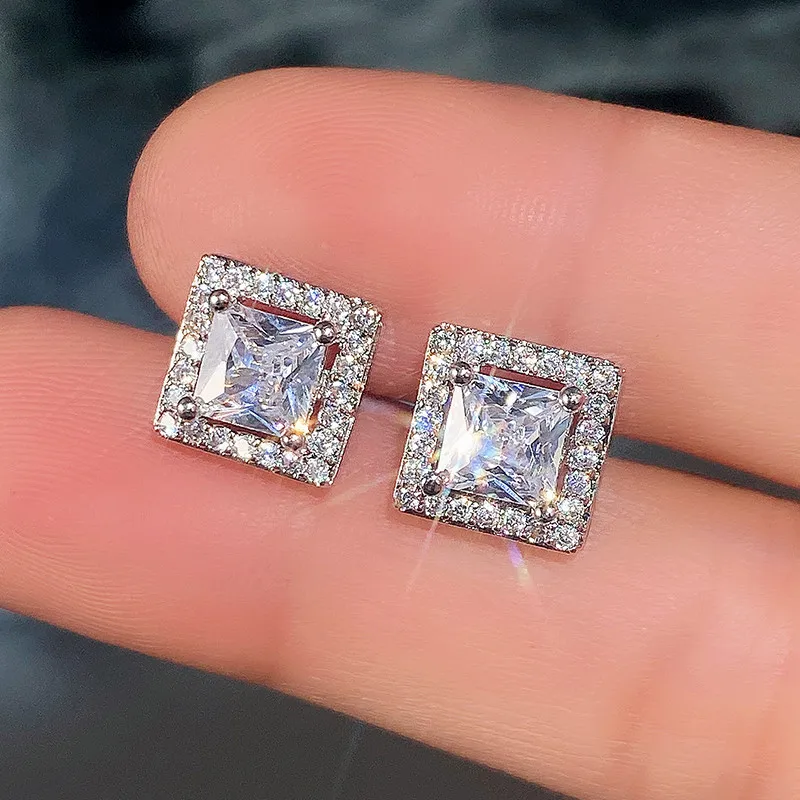 

Ne'w Luxury Princess Cut CZ Stud Earrings Silver Color Accessories for Lady's Vintage Party Elegant Versatile Women Earrings